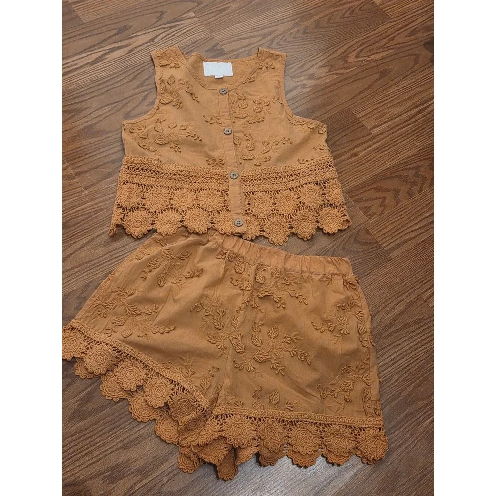 Zara Kids Girls Ginger Brown Embroidered Crochet Lace 2 Piece Set 13-14 164cm